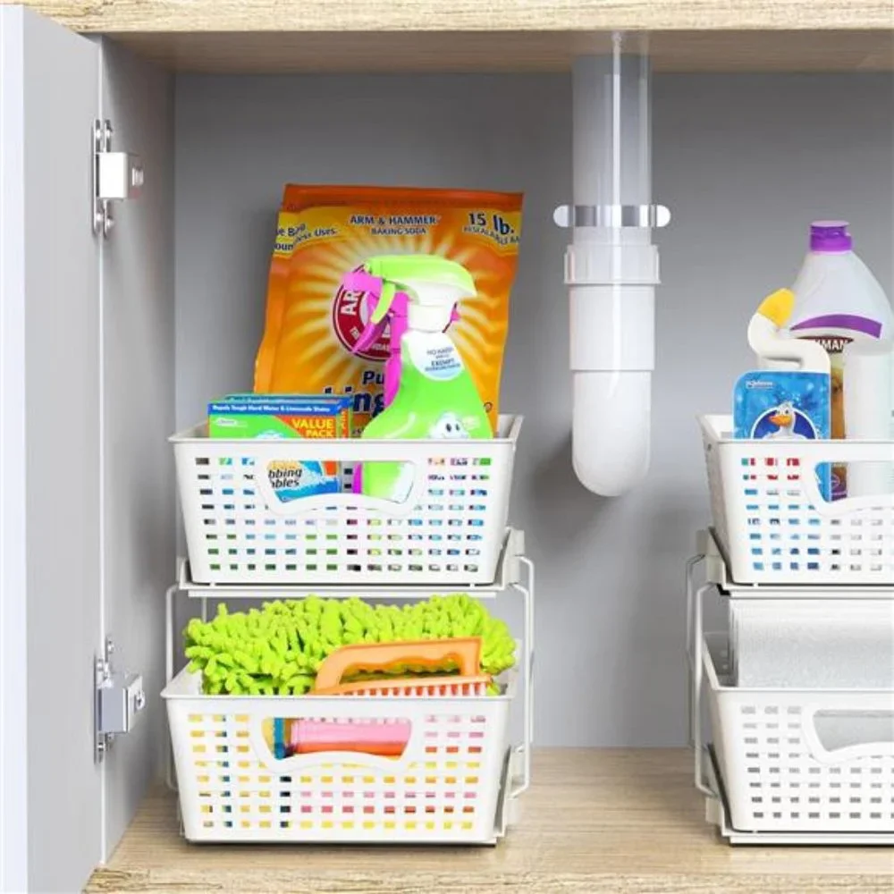 2 Tier Bathroom Organizer Tray Pull-Out Sliding Drawer/Under-Sink Storage, White